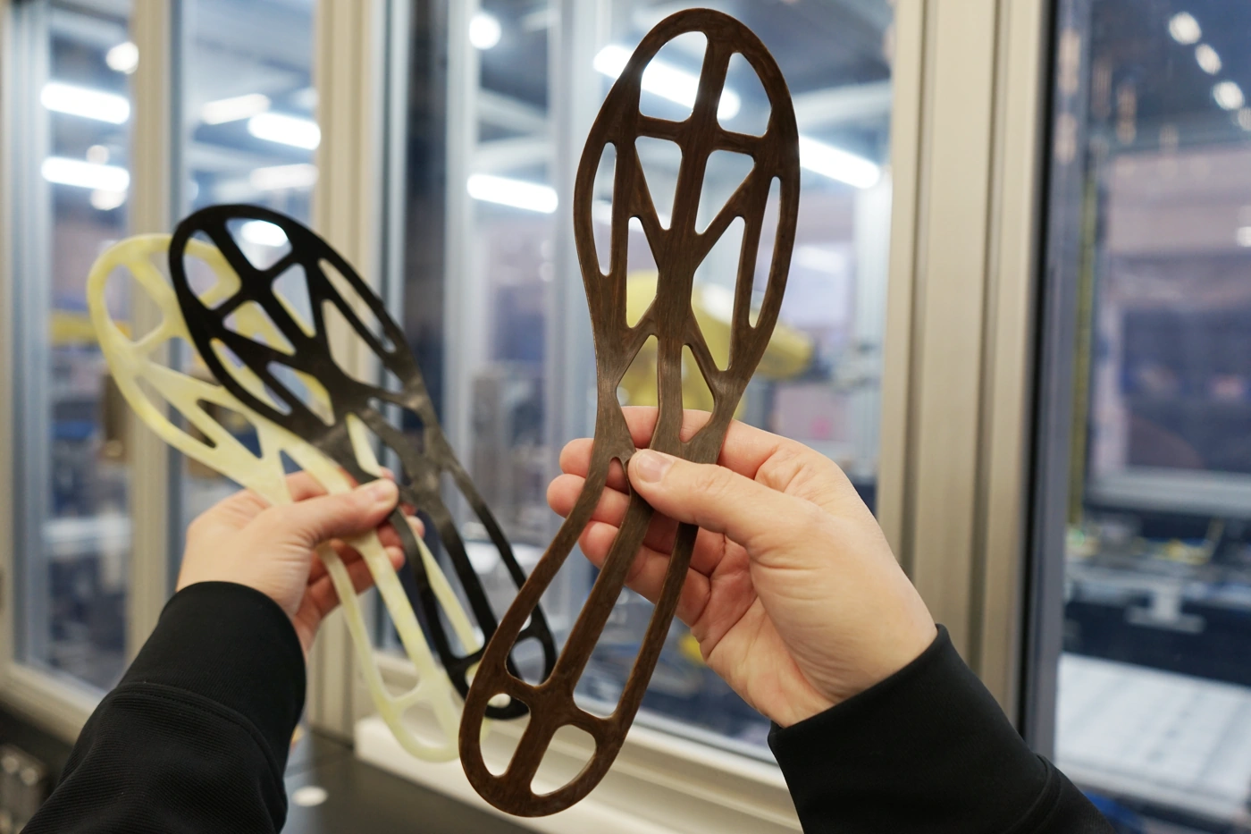 ARRIS Sample FW Plates (Carbon, Glass, Flax) - Three types of ARRIS running shoe plates - which can be produced in carbon, glass, flax, or a customized blend of fibers to tune the plate for zoned stiffness and strength - a capability unique to ARRIS