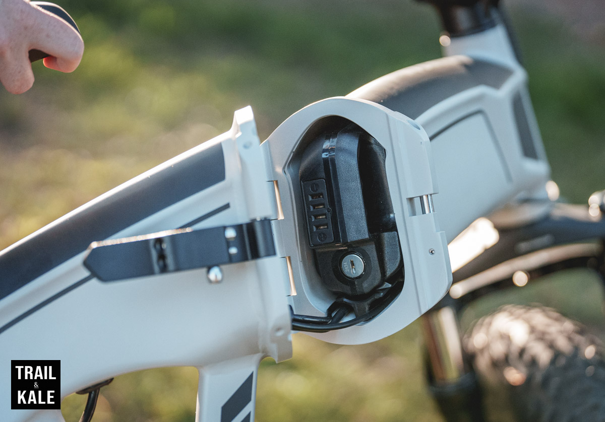 Aventon Sinch Review by Trail and Kale | Sinch's battery can be found inside the frame when you fold it.