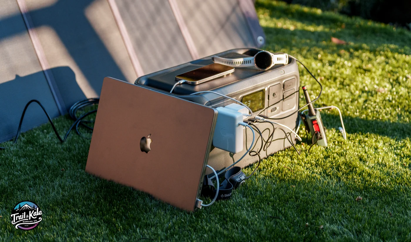 Using the DJI Power 1000 to charge my laptop, headlamp, iPhone, Garmin GPS watch and Rocky Talkies, simultaneously!