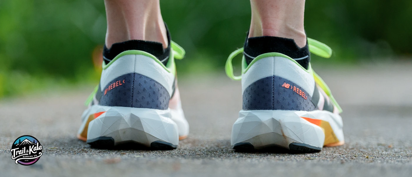 Geometric patterns on the foam midsole give the New Balance fuelCell Rebel V4 running shoes a cool look