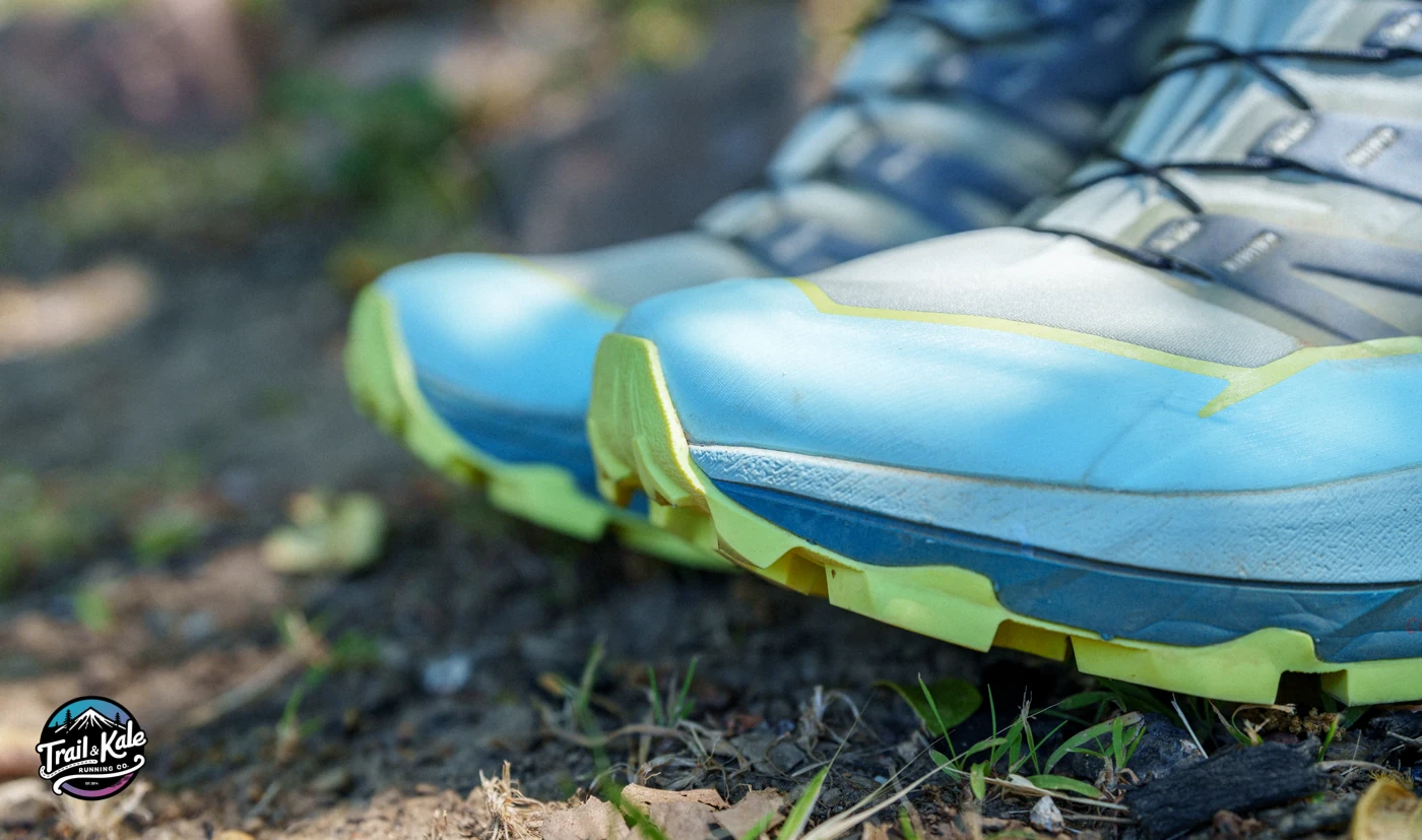 There's the outsole wrapping up over the toe area of the Thundercross. This helps with uphill traction as well as protection from kicking rocks etc.