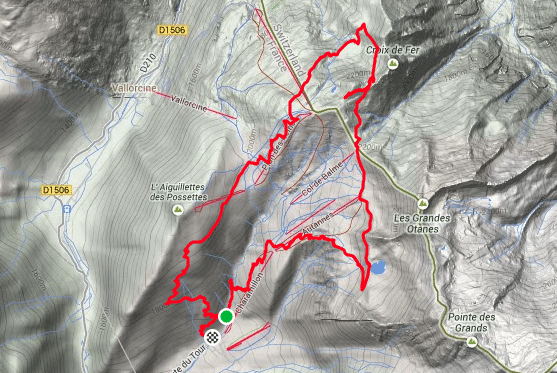 Map: trail run from Le Tour to Col de Balme and back
